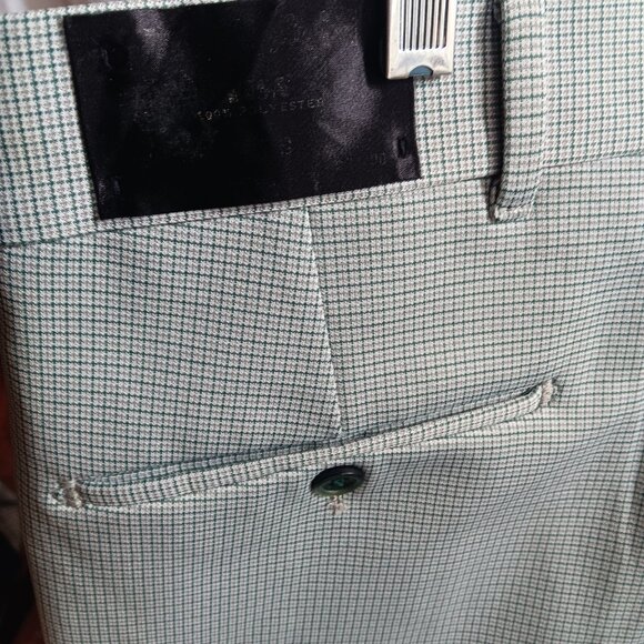 40x30 Men's Vintage Pants Farah Green Checkered Flat Front 1970's Polyester - Picture 4 of 6